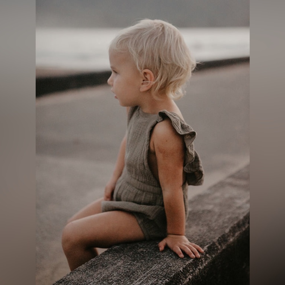 Children's Ruffled Shoulder Romper in Olive